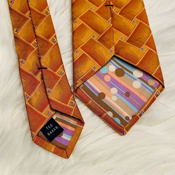 Ted Baker Hand Crafted Orange Geometric Silk Neck Tie - Picture 5 of 6